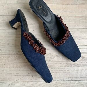 Vintage Y2K NWT Denim Blue Square Toe Beaded Heels
